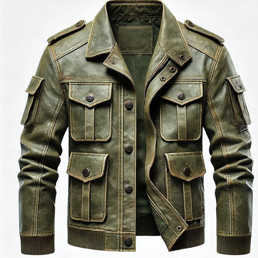 Commander Olive Green Military Leather Jacket