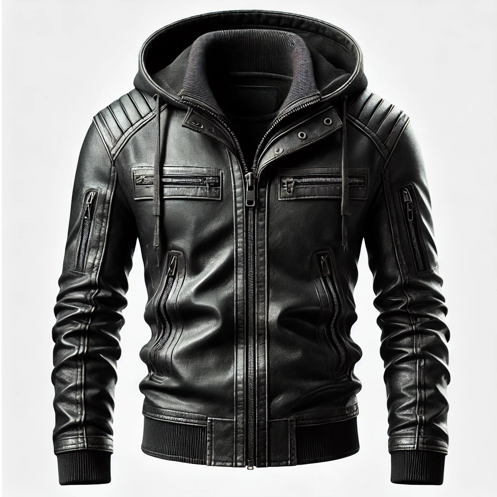 Outlander Black Leather Jacket with Detachable Hood