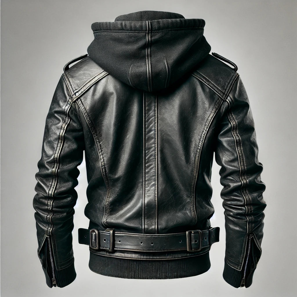 Outlander Black Leather Jacket with Detachable Hood