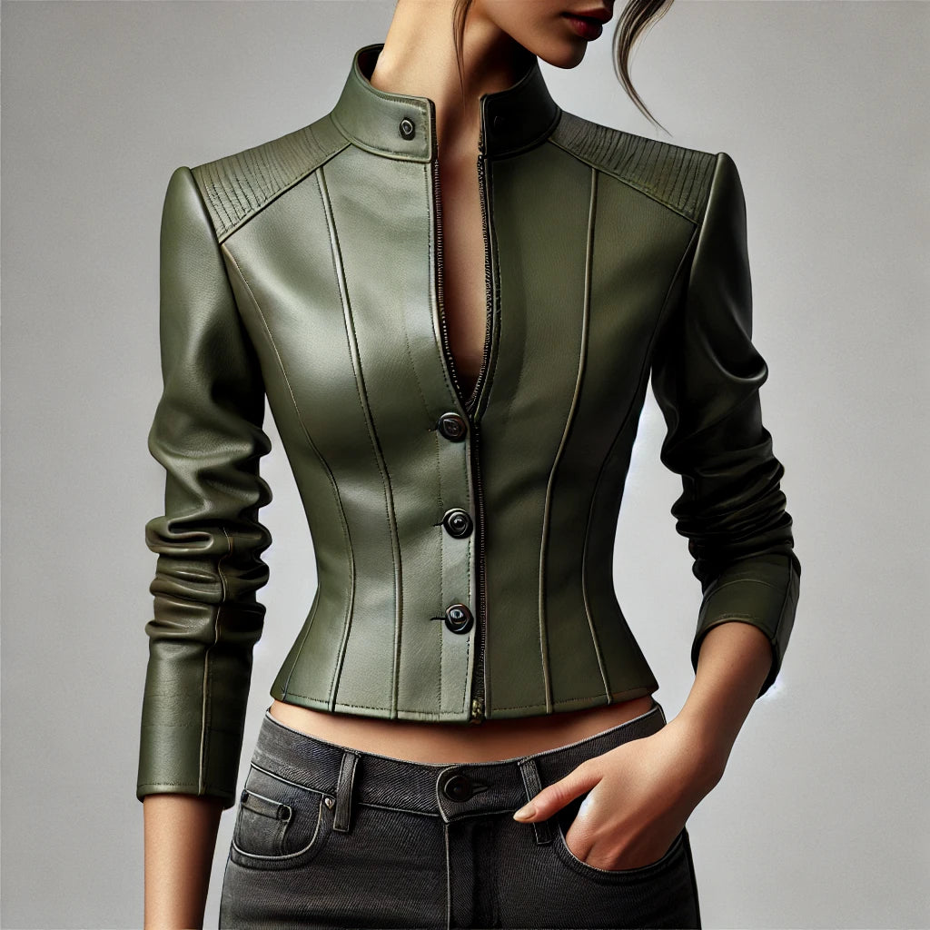 Urban Chic Olive Green Cropped Leather Jacket