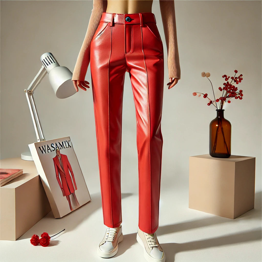 Coral Red Leather Pants