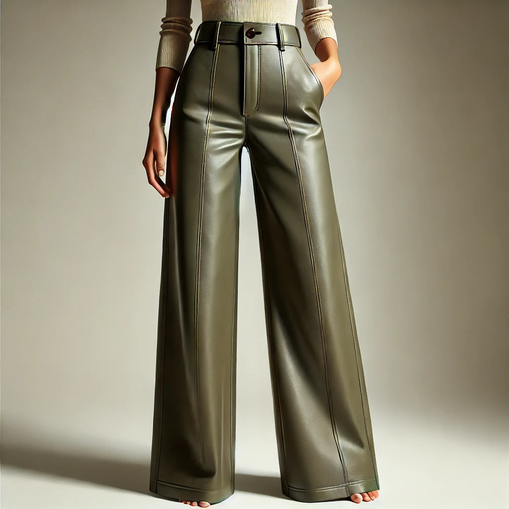 Women's High-Rise Olive Leather Pants