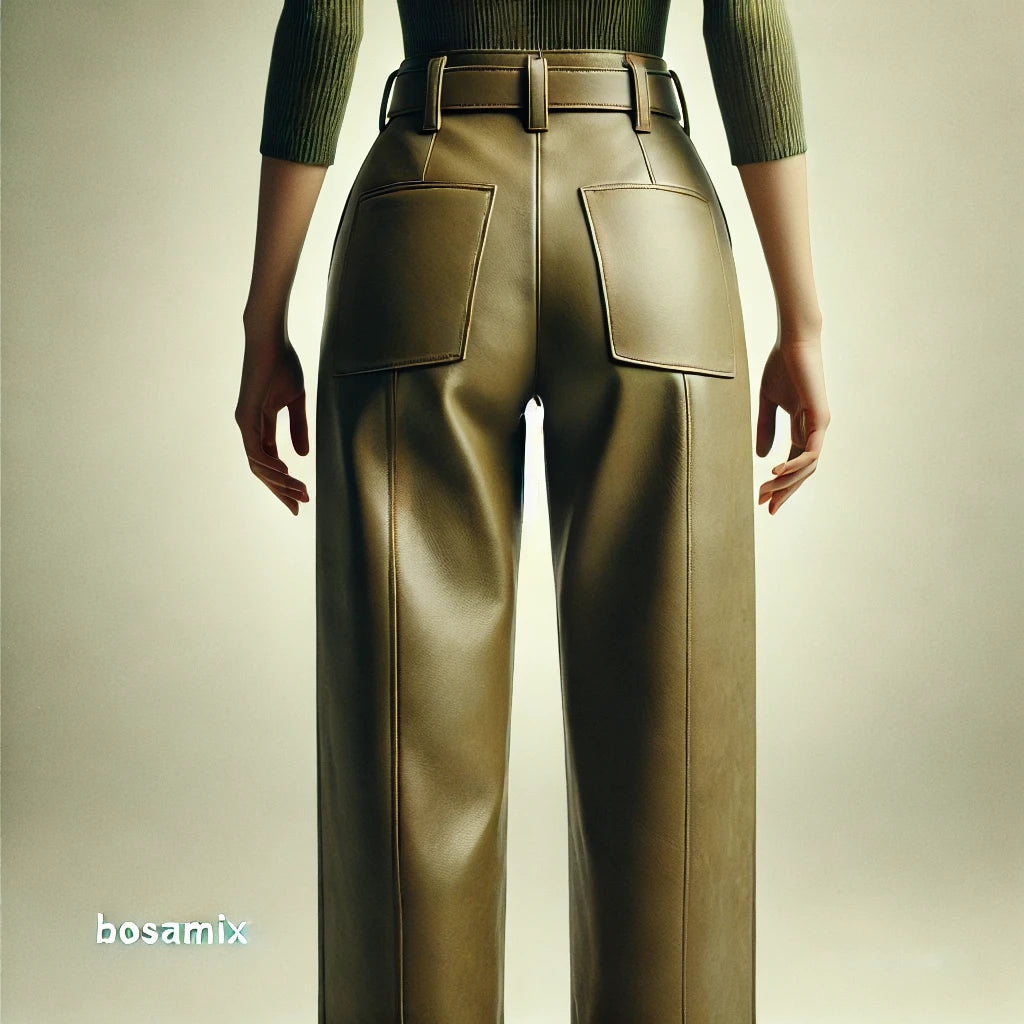 Women's High-Rise Olive Leather Pants