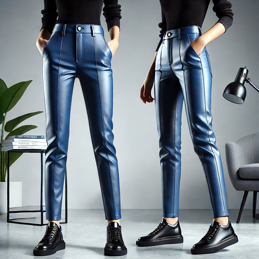 Women's Mid-Waist Blue Leather Pants