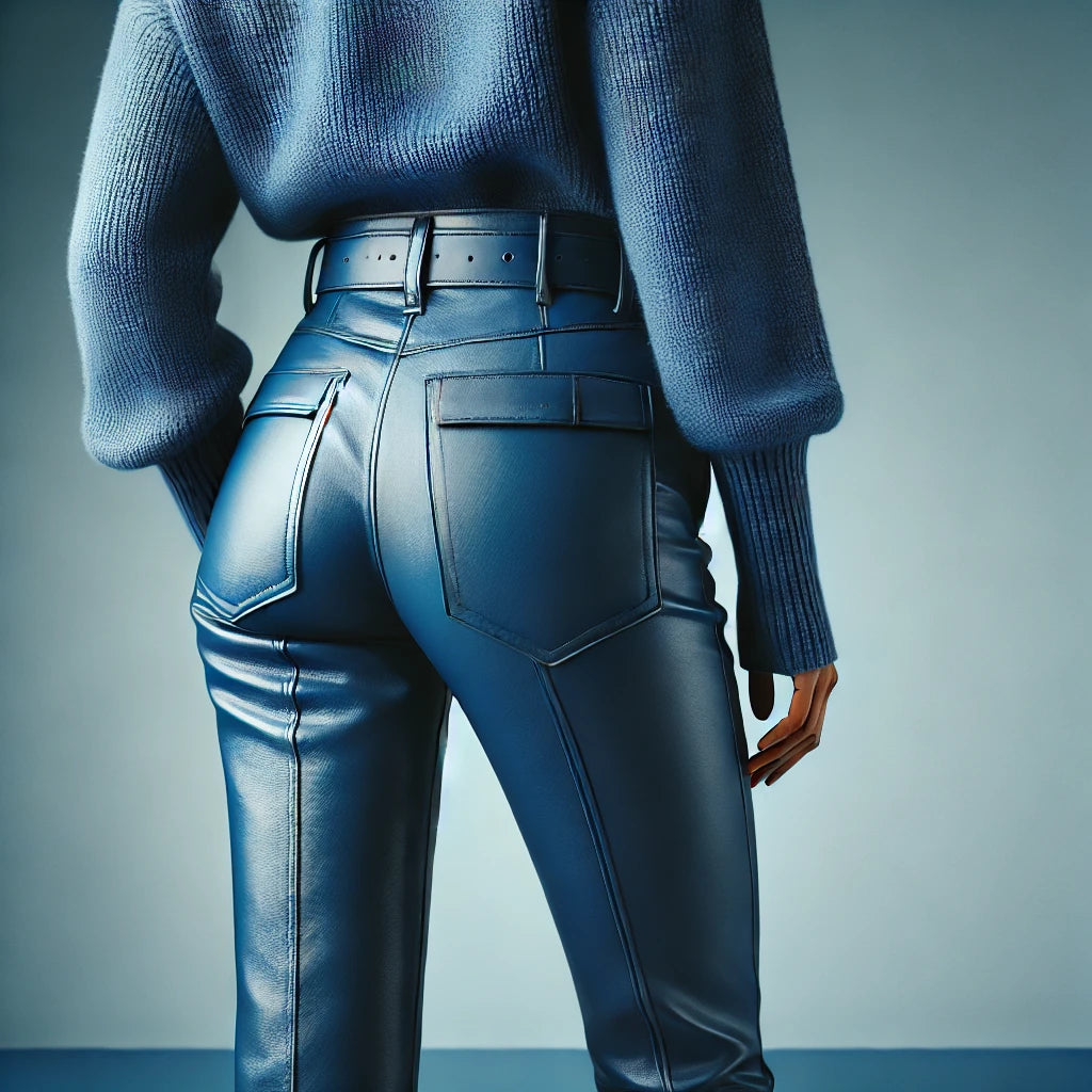 Women's Mid-Waist Blue Leather Pants