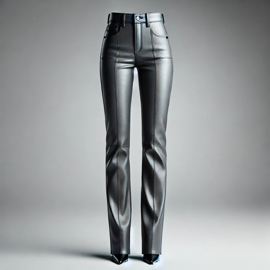 Women's High-Waist Gray Leather Pants