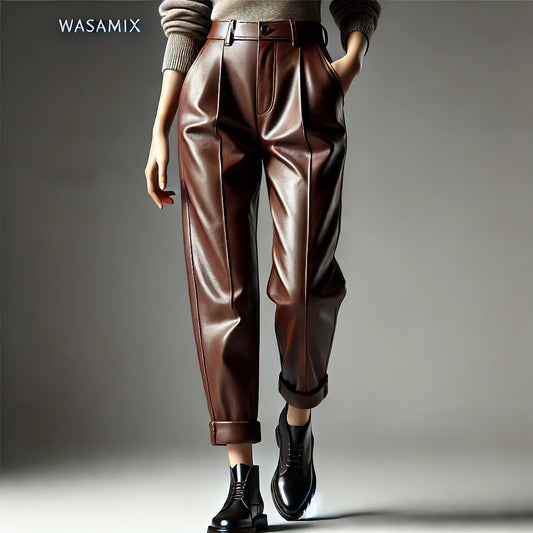 Women's Mid-Rise Brown Leather Pants