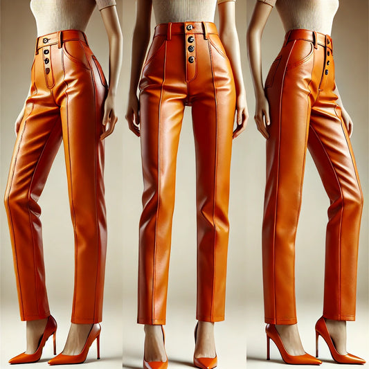 Women's Mid-Waist Orange Leather Pants